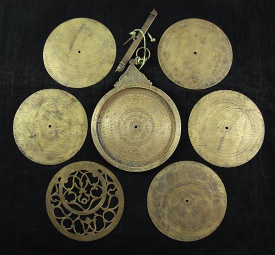 A Persian engraved brass astrolabe, probably 19th century, 6in.